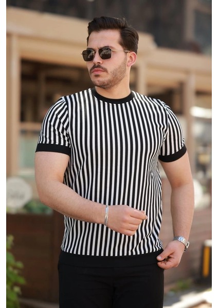 Erkek Siyah Beyaz Örme Pamuklu Kumaş Kısa Kollu T-Shirt