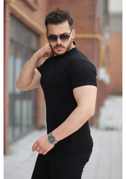 Erkek Ince Çizgi Dokulu Bisiklet Yaka Kısa Kollu T-Shirt fiyatları