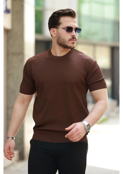 Erkek Bisiklet Yaka Jakarlı Kısa Kollu Tshirt