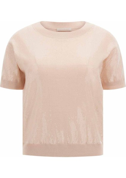 Kadın Kısa Kollu Parlak Triko Kazak- Pudra