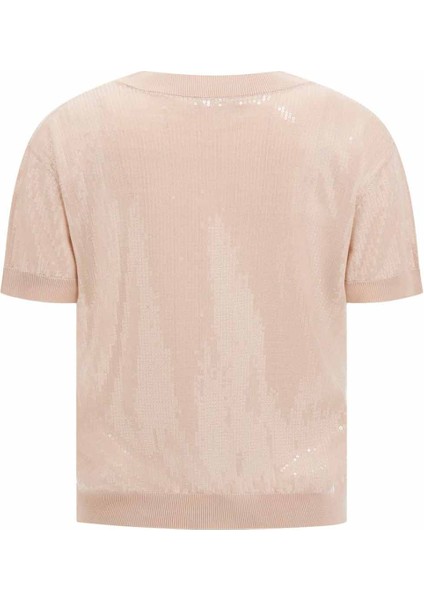 Kadın Kısa Kollu Parlak Triko Kazak- Pudra fiyatları