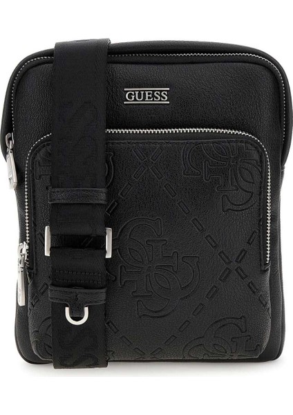 Erkek Kabartma Monogram Desenli Çapraz Askılı Çanta - Siyah