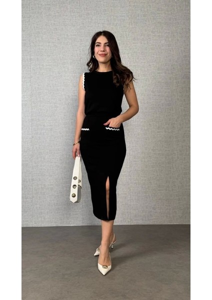 Kadın Modal Kumaş Cepli Yırtmaç Detay Etekli Ikili Takım