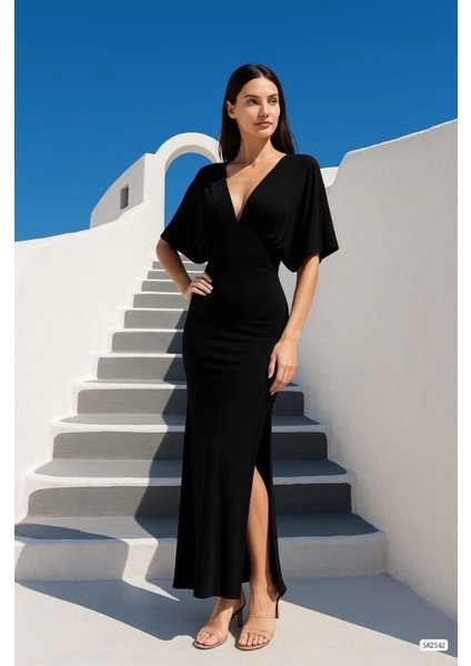 Kadın Sendy Kumaş Yırtmaç Detaylı V Yaka Elbise