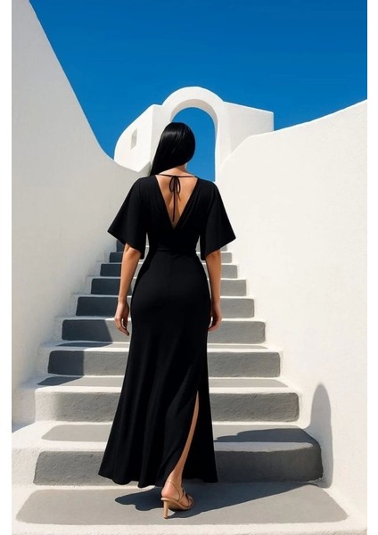 Kadın Sendy Kumaş Yırtmaç Detaylı V Yaka Elbise fiyatları