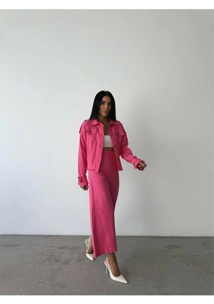 Keten Püskül Detaylı Gömlek-Pantolon Takım - Fuşya modelleri
