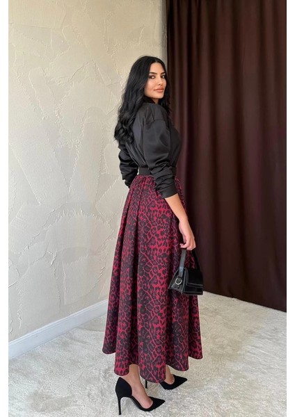 Bordo Leopar Büzgülü Uzun Etek modelleri