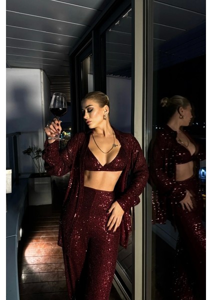 Pul Payet 3 Lü Takım - Ceket-Büstiyer-Pantolon - Bordo fırsatları