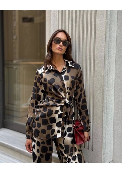 Kadın Uzun Kolluleopar Baskılı Saten Kumaş Ikili Takım