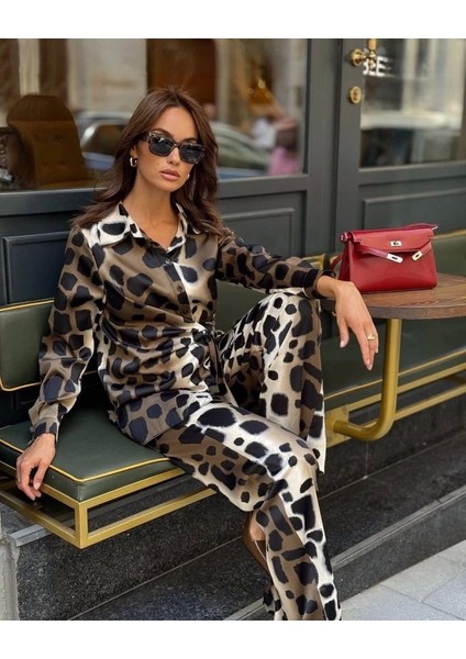 Kadın Uzun Kolluleopar Baskılı Saten Kumaş Ikili Takım fiyatları