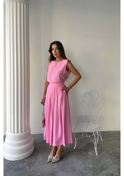 Keten Kolsuz Bluz - Maxi Etek Takım - Pembe fırsatları