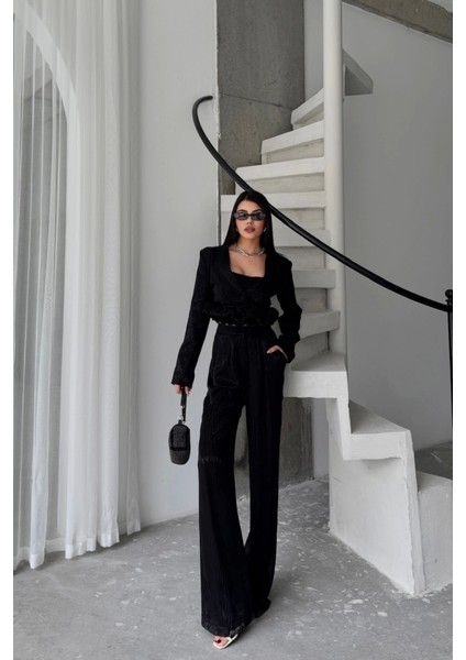 Jakarlı Bluzu Tasarım Detaylı Ceket-Pantolon-Bluz 3 Lü Takım - Siyah
