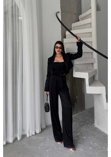 Jakarlı Bluzu Tasarım Detaylı Ceket-Pantolon-Bluz 3 Lü Takım - Siyah fiyatları