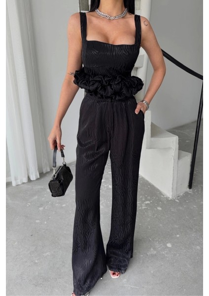 Jakarlı Bluzu Tasarım Detaylı Ceket-Pantolon-Bluz 3 Lü Takım - Siyah modelleri