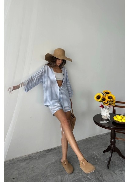 Çizgili Tunik -Şort Takım - Mavi