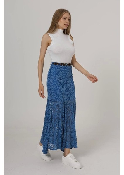 Bel Lastikli Dantel Etek - Mavi fiyatları