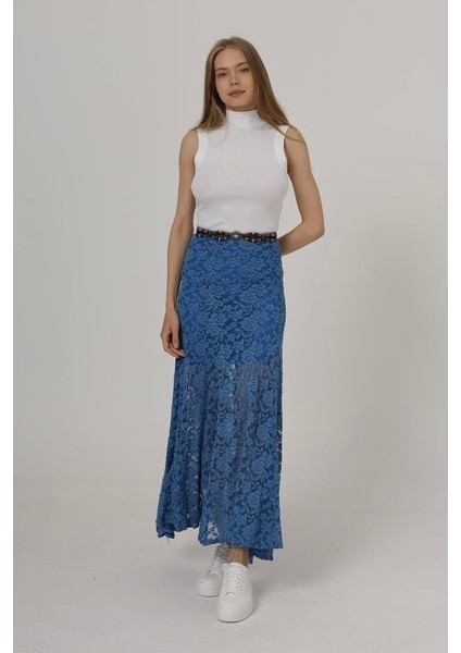 Bel Lastikli Dantel Etek - Mavi modelleri