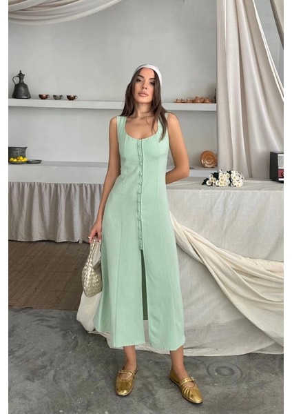 Keten Kolsuz Kare Yaka Düğme Detaylı Elbise - Mint