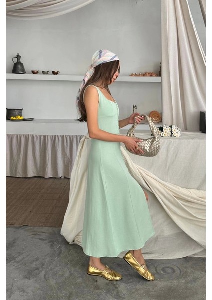 Keten Kolsuz Kare Yaka Düğme Detaylı Elbise - Mint modelleri