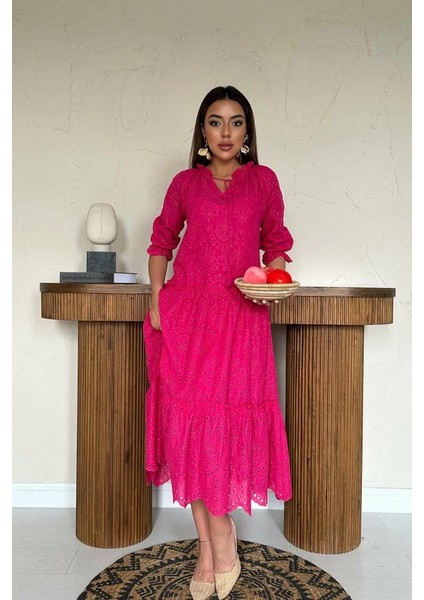 Fuşya Dantelli New Elbise