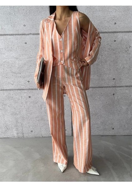 Çizgili Ceket Keten - Orange