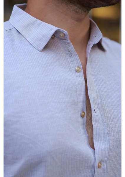 Erkek Çizgi Desenli Uzun Kollu Pamuklu Keten Gömlek modelleri