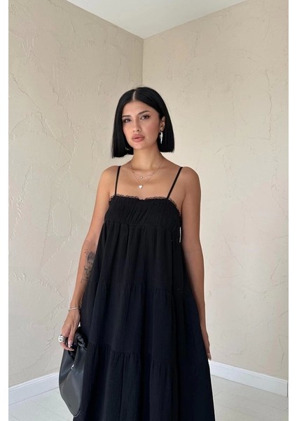 Siyah Askılı Parçalı Müslin Elbise fiyatları