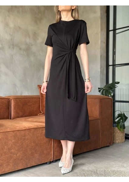 Osy Modal Yumuşak Dokulu Kumaşyandan Bağlamalı Elbise - Siyah