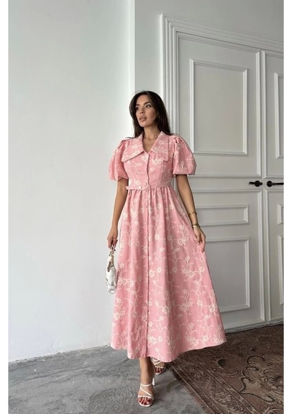 Pembe Bebe Yaka Balon Kollu Elbise