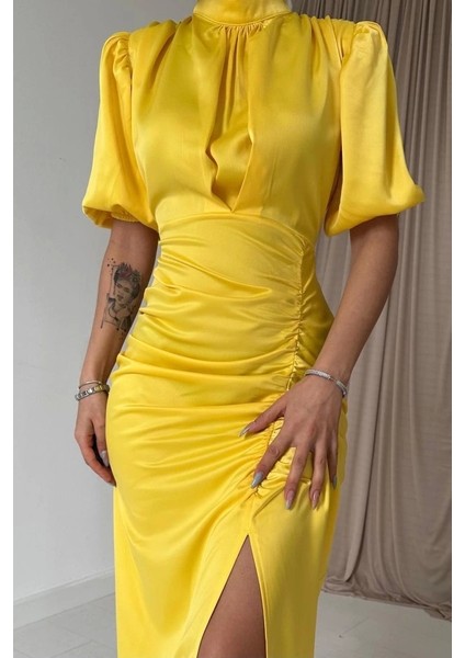 Sarı Büzgülü Saten Elbise fiyatları