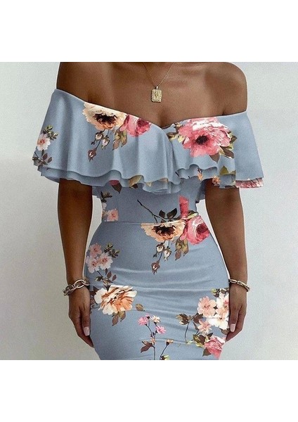 Kadın Madonna Yaka Çiçek Baskılı Volan Detay Kalem Elbise