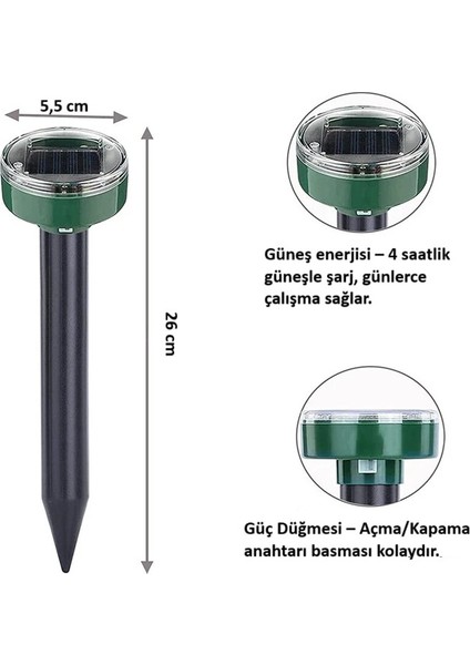 4 Adet Solar Güneş Enerjili Akrep,köstebek,yılan Fare Kovucu 750-1000 M2 Etkili Yuvarlak indirimleri