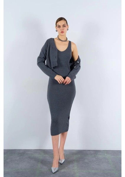 Fitilli Elbise Hırkalı Takım - Füme