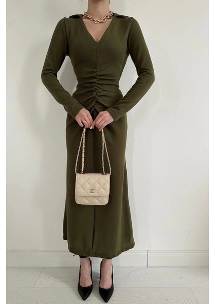 Haki Büzgülü Triko Balık Elbise modelleri