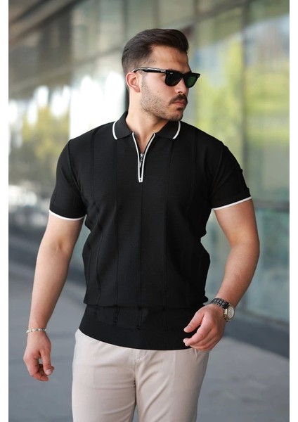 Erkek Dikey Kabartmalı Örgü Dokulu Fermuar Yakalı Tişört