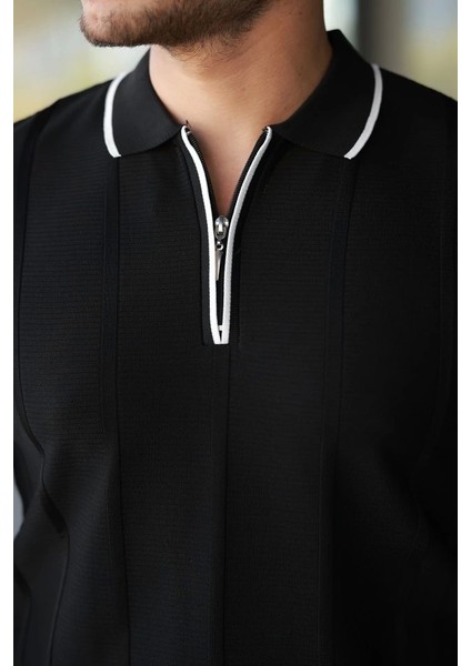 Erkek Dikey Kabartmalı Örgü Dokulu Fermuar Yakalı Tişört modelleri