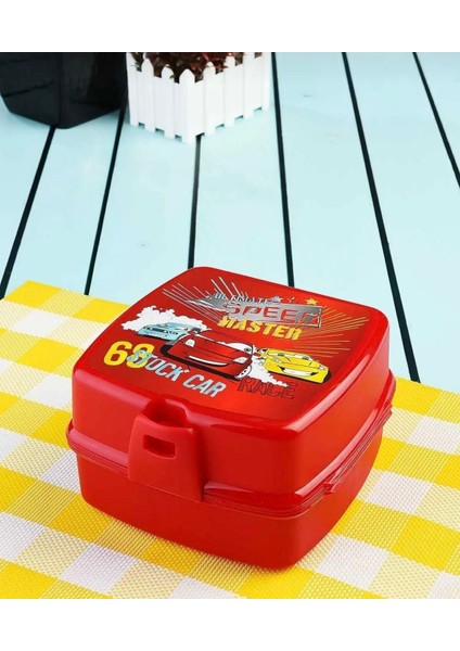 Araba Speedcars Kare Model Kendinden Çatal Kaşıklı 4 Bölmeli 2 Katlı Beslenme Kutusu