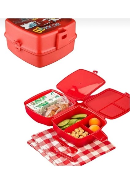 Araba Speedcars Kare Model Kendinden Çatal Kaşıklı 4 Bölmeli 2 Katlı Beslenme Kutusu fiyatları