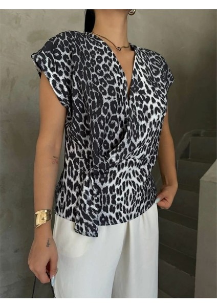 Leopar Desen Yandan Bağlama Detaylı Bluz - Gri fiyatları