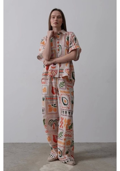 Baskılı Kısa Kol Pantolon Takım - Taş-Oranj fiyatları