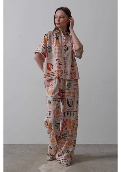 Baskılı Kısa Kol Pantolon Takım - Taş-Oranj fırsatları