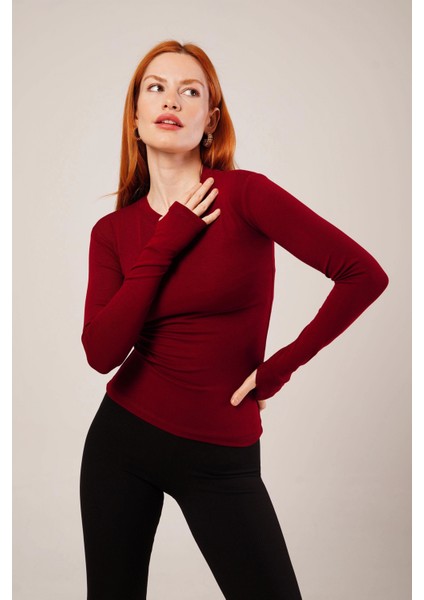 Uzun Kollu Basic Bordo Bluz