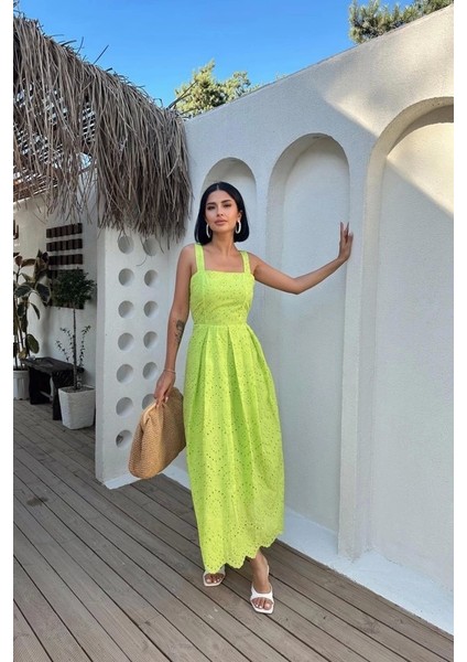 Yağ Yeşili Askılı Aparatlı Brode Elbise