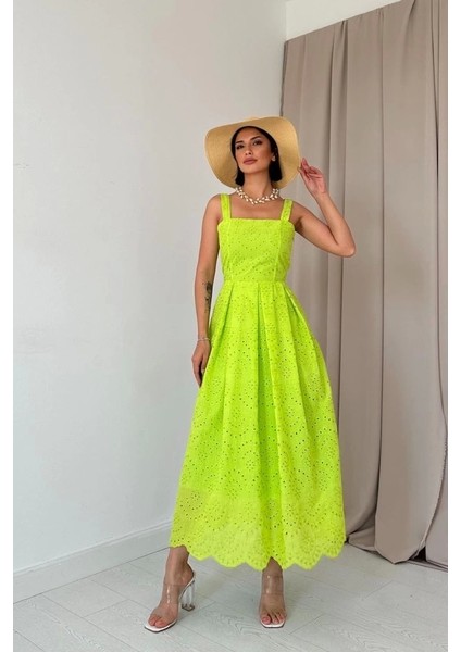 Yağ Yeşili Askılı Aparatlı Brode Elbise fırsatları