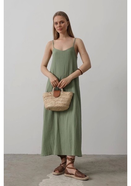 Askılı Uzun Çan Elbise - Haki fiyatları