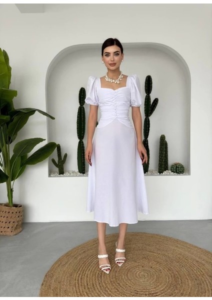 Kare Yaka Düğmeli Elbise fırsatları