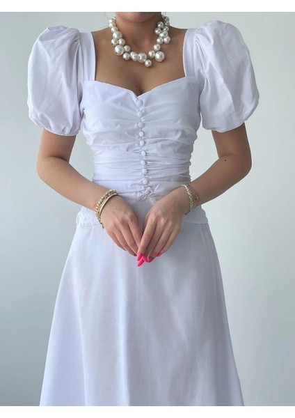 Kare Yaka Düğmeli Elbise indirimleri