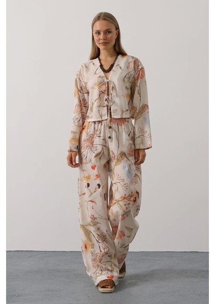 Çiçek Desen Önü Bağlamalı Pantolon Takım - Taş