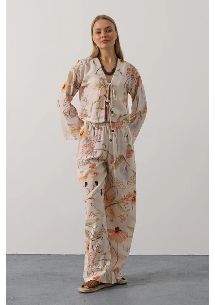 Çiçek Desen Önü Bağlamalı Pantolon Takım - Taş fiyatları