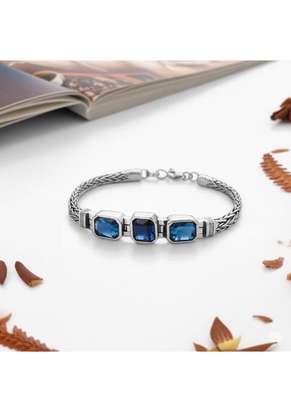 Hasır Örgü Zincirli Mavi Taşlı Erkek Bileklik modelleri
